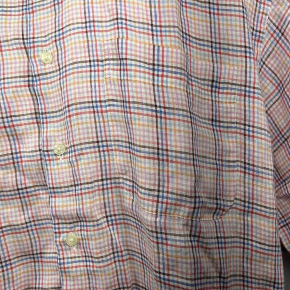 Peter Millar Men's Plaid Button Front Shirt Short Sleeve Linen Pink Size Large - Picture 3 of 9